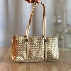 Vintage Y2K Aspects‎ Woven Leather Handbag Metallic Gold Shoulder Bag Purse